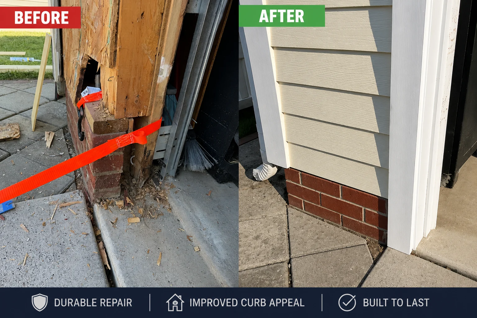 Door-area carpentry repair documented through a before-and-after graphic and a photograph of the work. The focus is the lower door surround and its connection to the adjoining exterior finish.