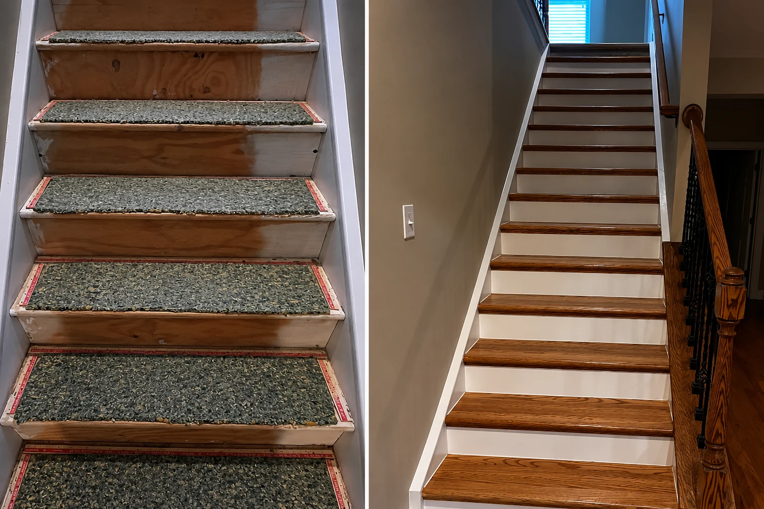 An interior staircase transformation shown in a supplied before-and-after comparison. The finished stairs combine wood-toned treads with bright risers for a clean contrast.