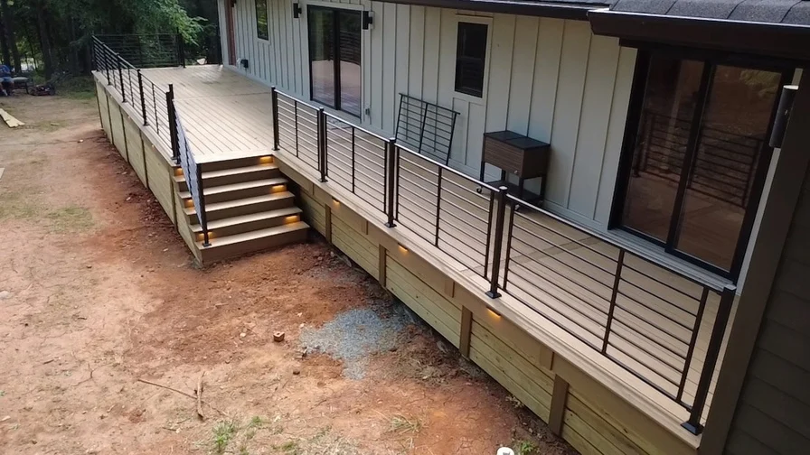 Nearly 60 feet of Trex Golden Hour decking paired with matte black Fortress railing. Precise layout and alignment give the entire deck a clean, consistent finish.