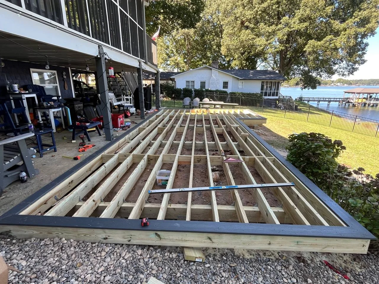 Construction progress: structural joists and blocking for the 32 &times; 16 ft deck.
